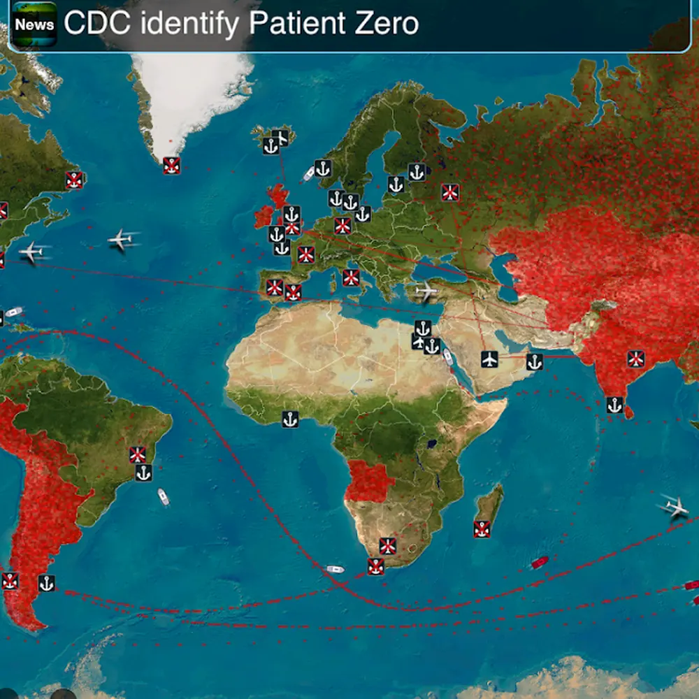 Mapa světa se šířícím se ohniskem ve hře Plague Inc.